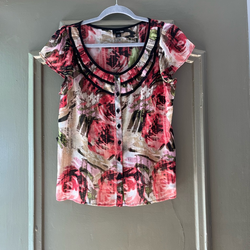 East 5th Pink and Red Puff Sleeve Blouse